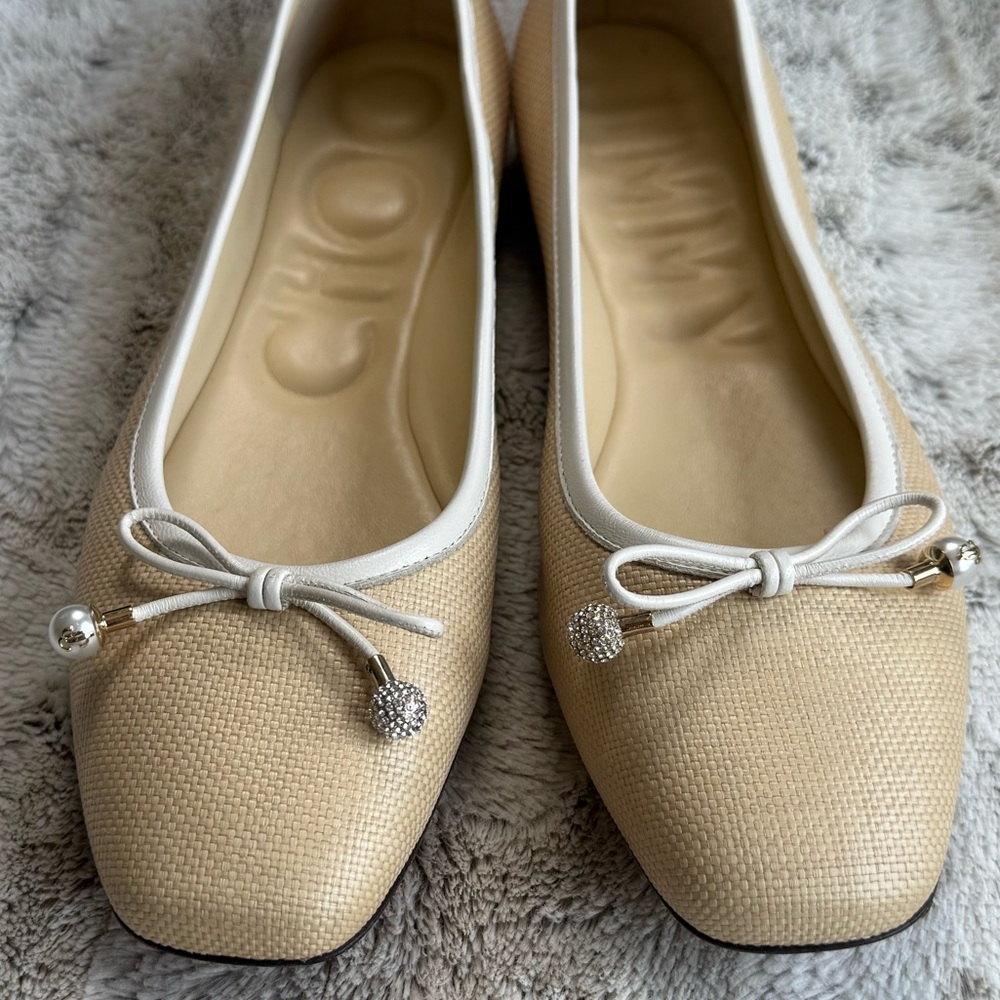 JIMMY CHOO Elme embellished leather-trimmed raffia ballet flats Size IT 39.5 - Picture 8 of 15